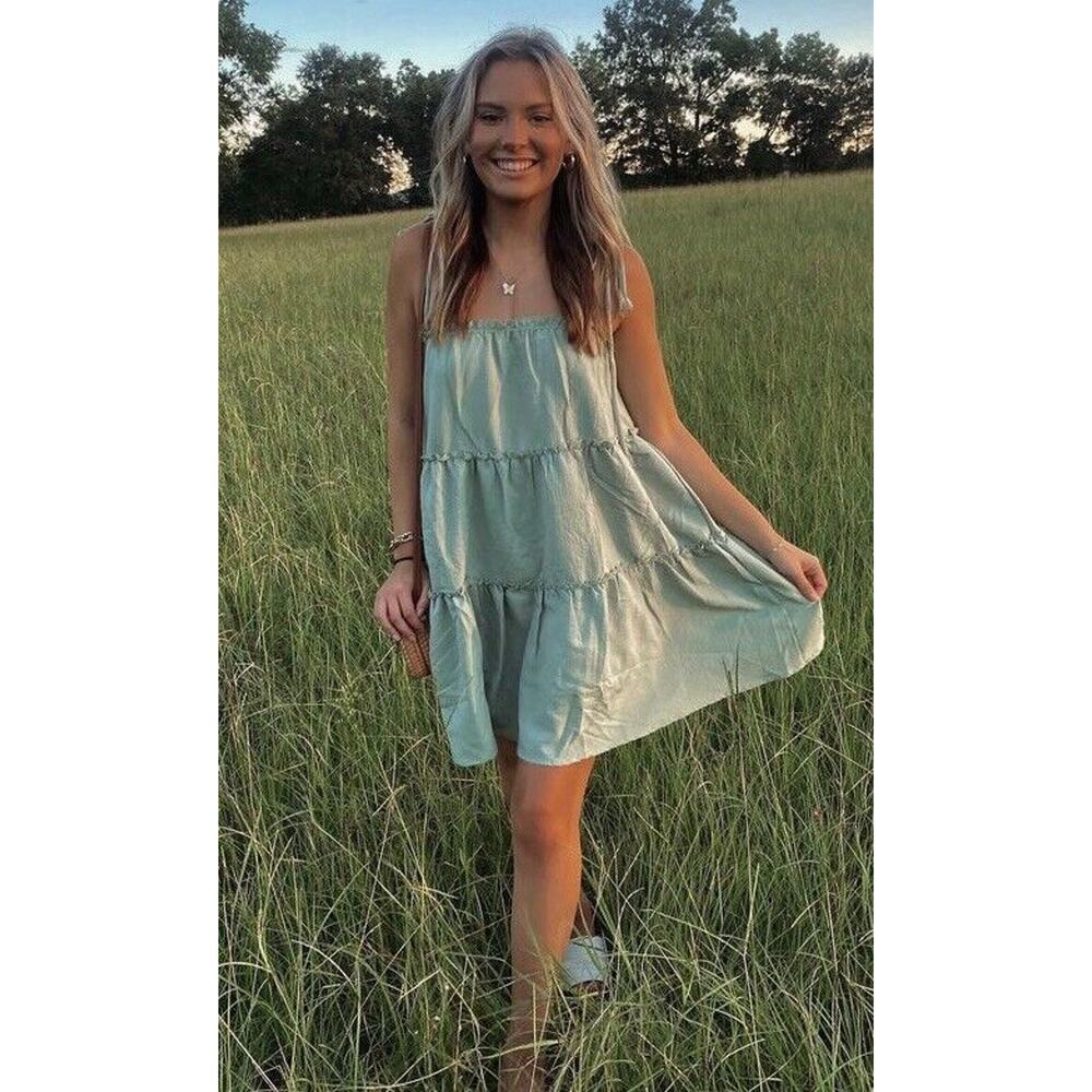 HYFVE- Tie Strap Tiered Lined Mini Dress-Sage-Size Medium-NWT